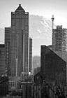 Black & White Mt. Rainier Behind Seattle Skyscrapers preview